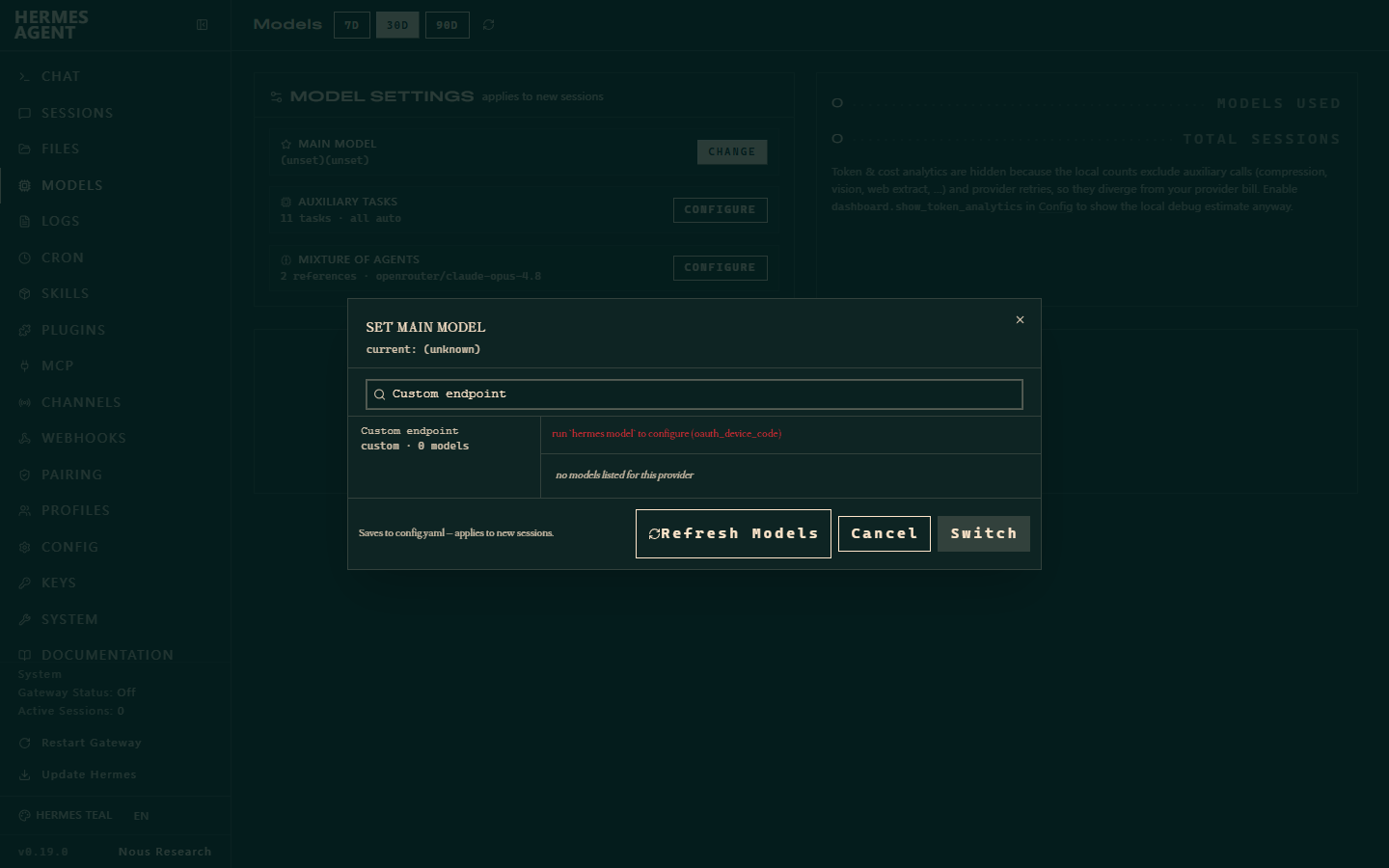 Hermes Agent Dashboard 的 Set Main Model 弹窗，已筛选 Custom endpoint